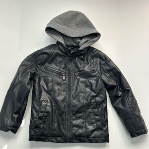 Urban Republic Boys Black Faux Leather Hooded Zip-up Jacket Size 5/6